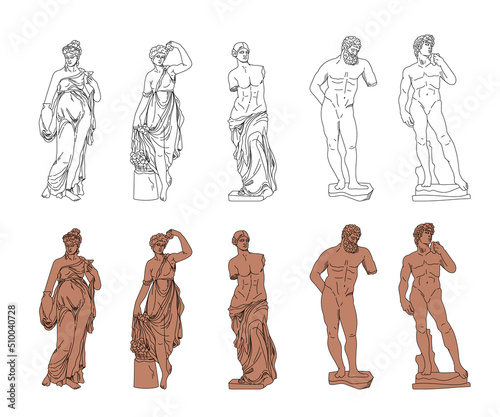 Antique full body Greek statues of god and goddess, vector line black white and terracotta ancient sculptures of people figures, hand drawn bodies isolated clip art bundle