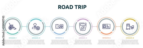road trip concept infographic design template. included wheel chair, instructor, bus ticket, ticket validator, driving pass, refilling icons and 6 option or steps.