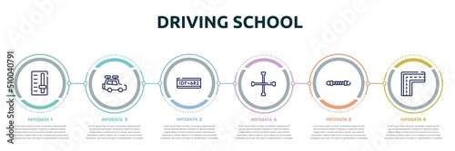 driving school concept infographic design template. included gearbox, travel baggage, license plate, cross wrench, damper, broken line icons and 6 option or steps.