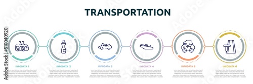 transportation concept infographic design template. included trolleybus, insect repellent, convertible car, motorboat, all terrain, road trip icons and 6 option or steps.
