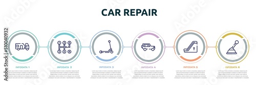 car repair concept infographic design template. included touristic, manual transmission, kick, 4x4, or up, gearshift icons and 6 option or steps.
