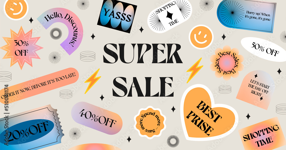 Special Offer Super Sale Banner Vector Design. Background with promo label stickers.