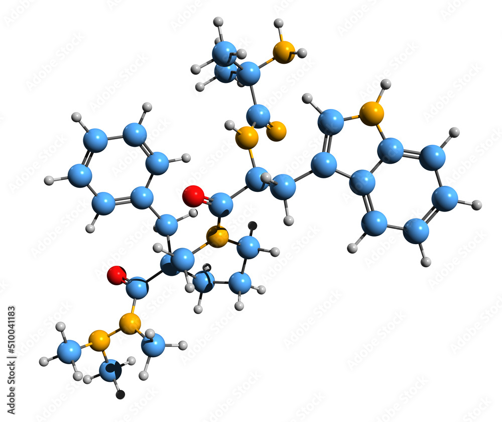 3D image of Anamorelin skeletal formula - molecular chemical structure of ghrelin agonist isolated on white background
3D image of Anamorelin skeletal formula - molecular chemical structure of ghrelin agonist isolated on white background