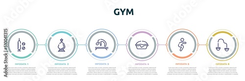 gym concept infographic design template. included doping, glass award, gymnastics, pies, squats, resistance band icons and 6 option or steps.