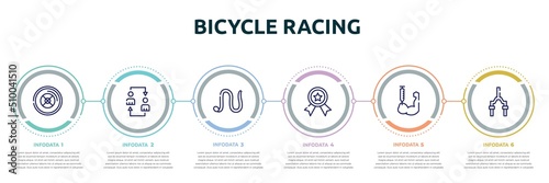 bicycle racing concept infographic design template. included weight plates, substitution, earthworm, first prize, steroids, bicycle fork icons and 6 option or steps.