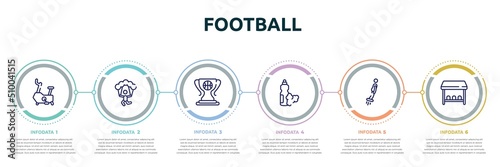 football concept infographic design template. included stationary bicycle, skydiving, champ, food and drink, flyboard, team bench icons and 6 option or steps.