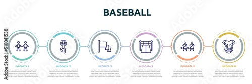 baseball concept infographic design template. included body mass index, yoga pose, red flag, starting point, home team, chest guard icons and 6 option or steps.
