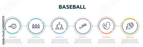 baseball concept infographic design template. included ringer, football team, playoff, free flying, muscles, home run icons and 6 option or steps.