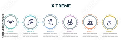 x treme concept infographic design template. included handlebar, strike, sport commentor, gymnastic rings, bobsledding, bullfight icons and 6 option or steps.
