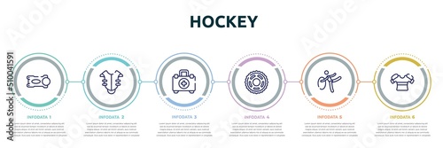 hockey concept infographic design template. included stem, chest protection, emergencies, sprocket, rhythmic gymnastics, armour icons and 6 option or steps.