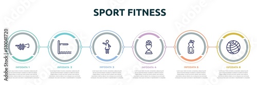sport fitness concept infographic design template. included ets, diving board, hostess, football trophy, sport bottle, fitness ball icons and 6 option or steps.