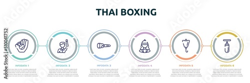 thai boxing concept infographic design template. included baseball ball, committee, dive light, horsewoman, lift bag, sand bag icons and 6 option or steps.