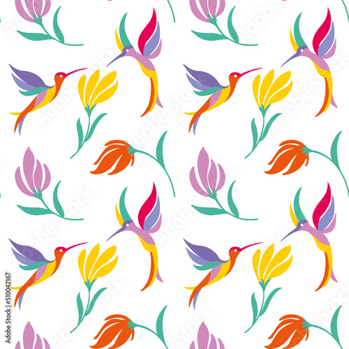 Hummingbirds fluttering over flowers. Colibri.  Summer print. Seamless pattern. 