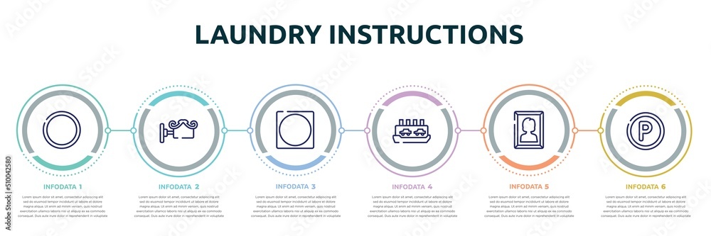 laundry instructions concept infographic design template. included empty circle, decorative, circle inside square, ferry carrying cars, woman portrait, p inside a circle icons and 6 option or steps. laundry instructions concept infographic design template. included empty circle, decorative, circle inside square, ferry carrying cars, woman portrait, p inside a circle icons and 6 option or steps.