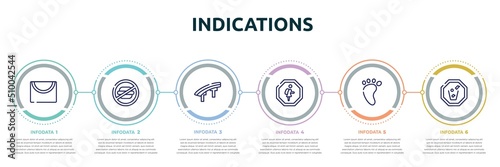 indications concept infographic design template. included drying line, not allowed snacks, flyover bridge, school zone, four toe footprint, throw to the bin icons and 6 option or steps.