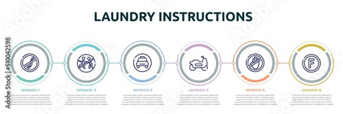 laundry instructions concept infographic design template. included no diving, chasing prohibited, taxi stop, motorbike riding, no arms, petroleum solvent icons and 6 option or steps.