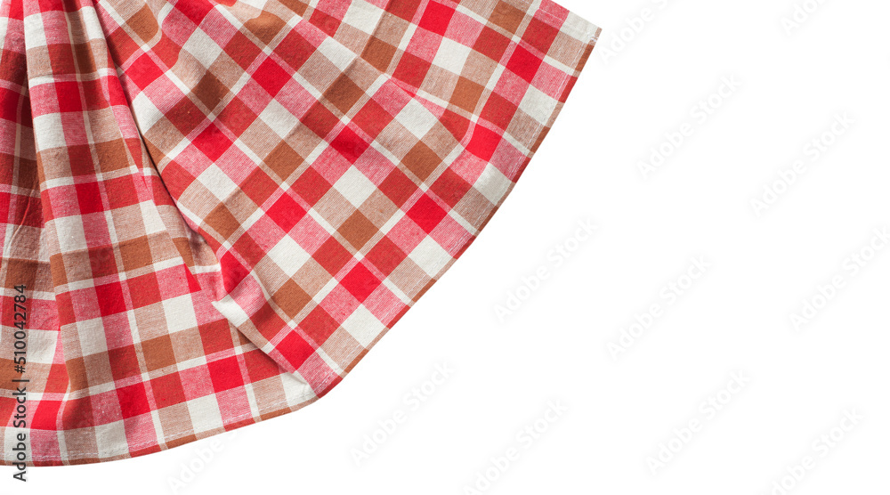 Red napkin, nablecloth, dish towels with folds isolated on white