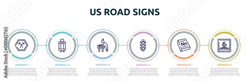 us road signs concept infographic design template. included bifurcation, hand luggage, baby changer, semaphore traffic lights, 3d dictionary, pedestrian crossing icons and 6 option or steps.