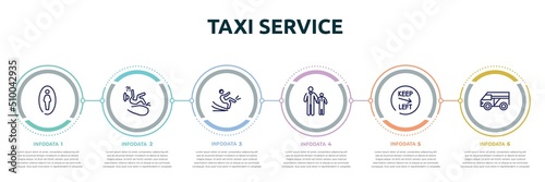 taxi service concept infographic design template. included men toilet, slip, slippery, father and child, keep left, minivan taxi icons and 6 option or steps.