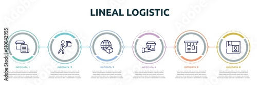 lineal logistic concept infographic design template. included delivery invoice, delivering box, worldwide delivery, delivering, tagged package, fragile pack icons and 6 option or steps.
