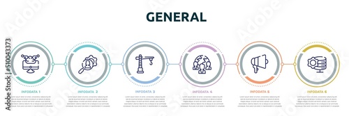 general concept infographic design template. included computing technology, hr services, construction crane, team, agitation, data engineering icons and 6 option or steps.