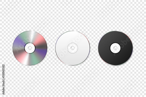 Vector 3d Realistic White, Black and Multicolor CD, DVD Closeup Isolated. CD Design Template for Mockup, Copy Space. Top View