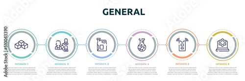 general concept infographic design template. included ar platform, hr planning, engine oil, chemical lab, active sensor, information technology icons and 6 option or steps.