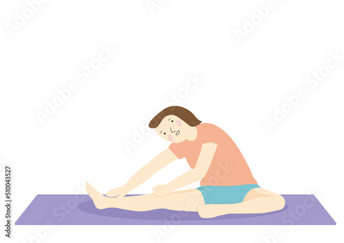 床に座って股関節のストレッチをするダイエット中の女性 © onori