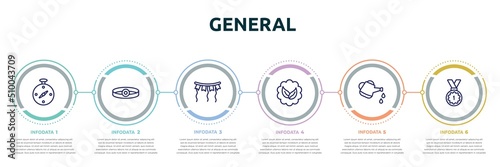 general concept infographic design template. included compass pointing south east, head mirror, party decoration, go green badge, watering can with water drops, number one medal icons and 6 option