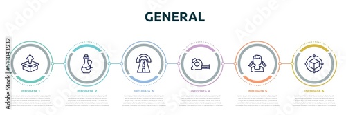 general concept infographic design template. included product release, massage oil, road tunnel, tape measure, teenager, model preparation icons and 6 option or steps.