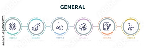 general concept infographic design template. included team target, social campaign, user behavior, job interview, quiz, organism icons and 6 option or steps.