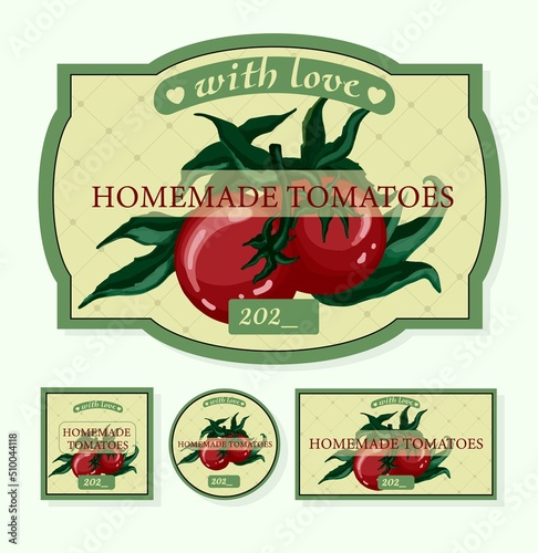 HOMEMADE TOMATOES LABELS. Sticker for homemade tomatoes in a jar. Template for a craft chef.