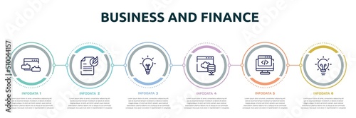 business and finance concept infographic design template. included blog commenting, fresh content, lightbulb black tool shape, web server, webcode, big light bulb icons and 6 option or steps.