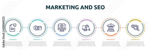 marketing and seo concept infographic design template. included file submit, currency security, play video, monitoring system, bank building, keyword search icons and 6 option or steps.
