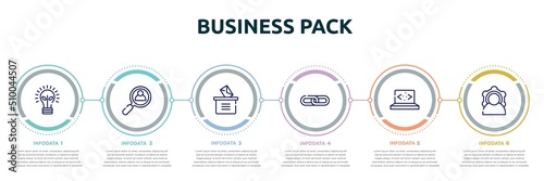 business pack concept infographic design template. included ecological lightbulb, hiring, manual voting, link, clean code, power icons and 6 option or steps.