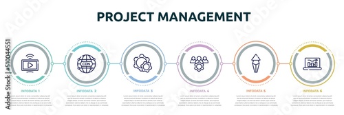 project management concept infographic design template. included live streaming, cdn, configuration, team management, arrows up, online graph icons and 6 option or steps.