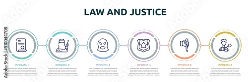 law and justice concept infographic design template. included contract law, , balaclava, police badge, murder, criminal icons and 6 option or steps.
