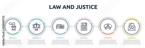 law and justice concept infographic design template. included witness, law balance, recorder, criminal record, police hat, crime letter icons and 6 option or steps.