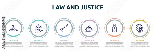 law and justice concept infographic design template. included gavel, justice scales in hand, baton, case closed, electroshock weapon, diploy icons and 6 option or steps.