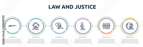 law and justice concept infographic design template. included shotgun, property and finance, divorce, convict, jury, international law icons and 6 option or steps.