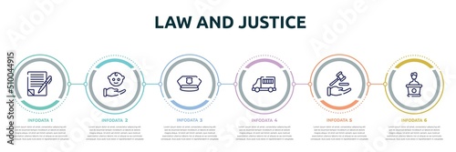 law and justice concept infographic design template. included wills and trusts, child custody, police cap, prisoner transport vehicle, qualified protection, counsel icons and 6 option or steps.