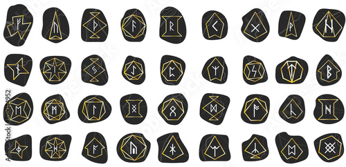 Rune. Set of Doodle Black Texture Stone with Gold Gradient Frame