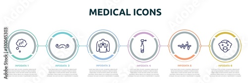 medical icons concept infographic design template. included zzz sleep, mustache curled tip, human with focus on the lungs, dentists drill tool, cardiac graphic, baby face icons and 6 option or