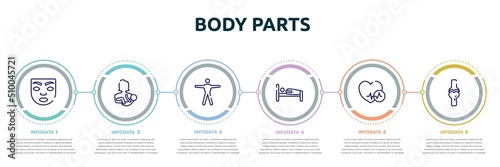 body parts concept infographic design template. included face of a woman, mother with baby in arms, human body standing, human sleeping on bed, heart black shape, ball of the knee icons and 6 option