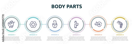 body parts concept infographic design template. included phareutical delivery, red cross, female hips and waist, toothpaste tube, 24 hours medical assistance, kneecap icons and 6 option or steps.