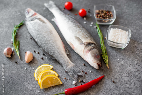 raw sea bass fish on stone background