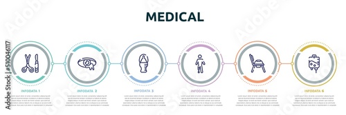 medical concept infographic design template. included tool surgeon, infection, baby bottle, prosthetic, potty, iv icons and 6 option or steps.