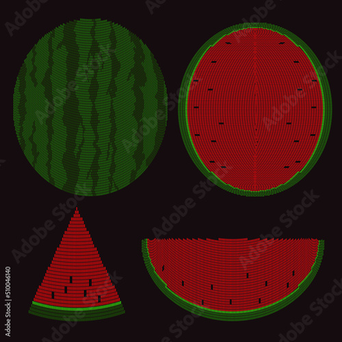 Watermelon vector illustration set in various styles, embroidery patterns, for use in graphic design.