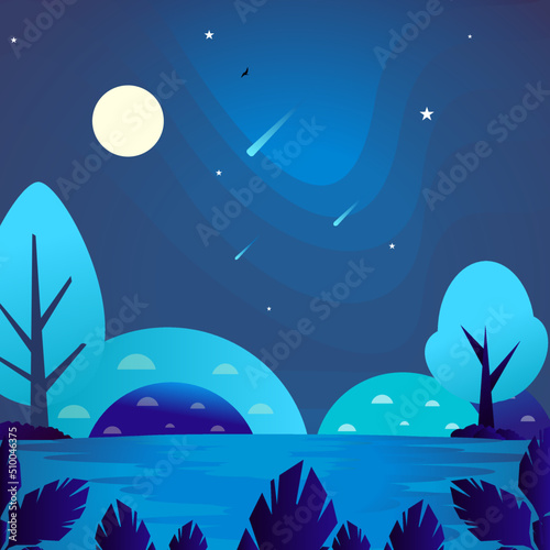 night landscape with moon and stars Vector Illustration art