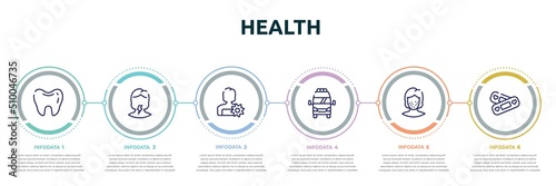 health concept infographic design template. included teeth black shape, sore throat, woman with flower, frontal ambulance, pimples, lovely aid band icons and 6 option or steps.